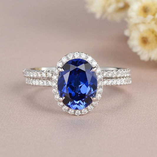 2 CT Oval Cut Blue Sapphire Diamond White Gold Over On 925 Sterling Silver Halo Wedding Bridal Ring Set