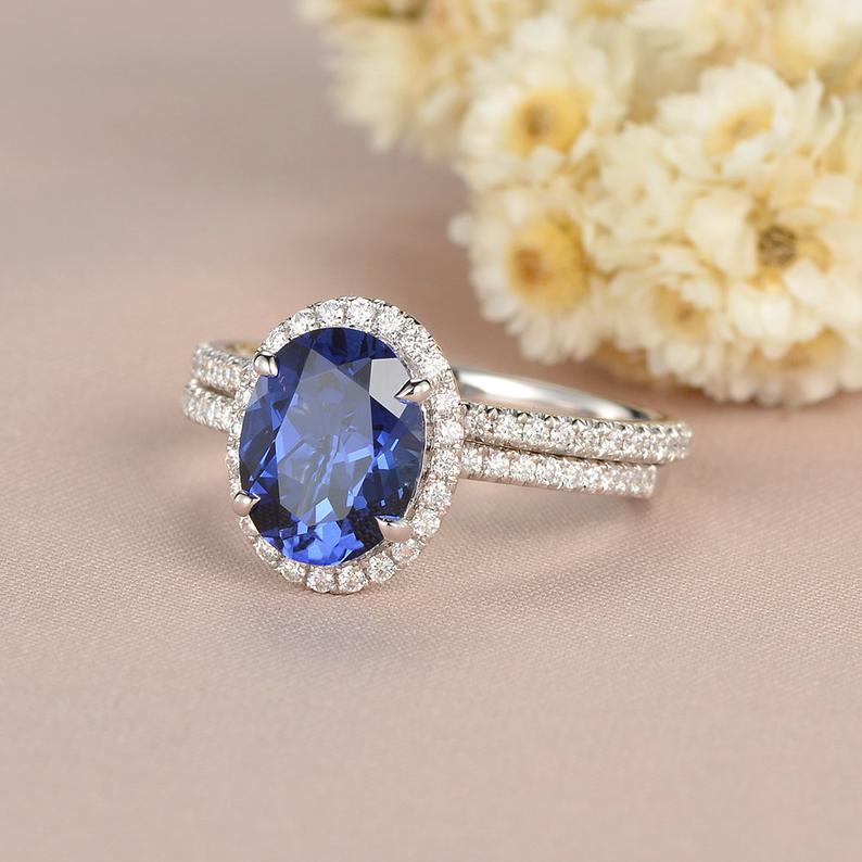 2 CT Oval Cut Blue Sapphire Diamond White Gold Over On 925 Sterling Silver Halo Wedding Bridal Ring Set