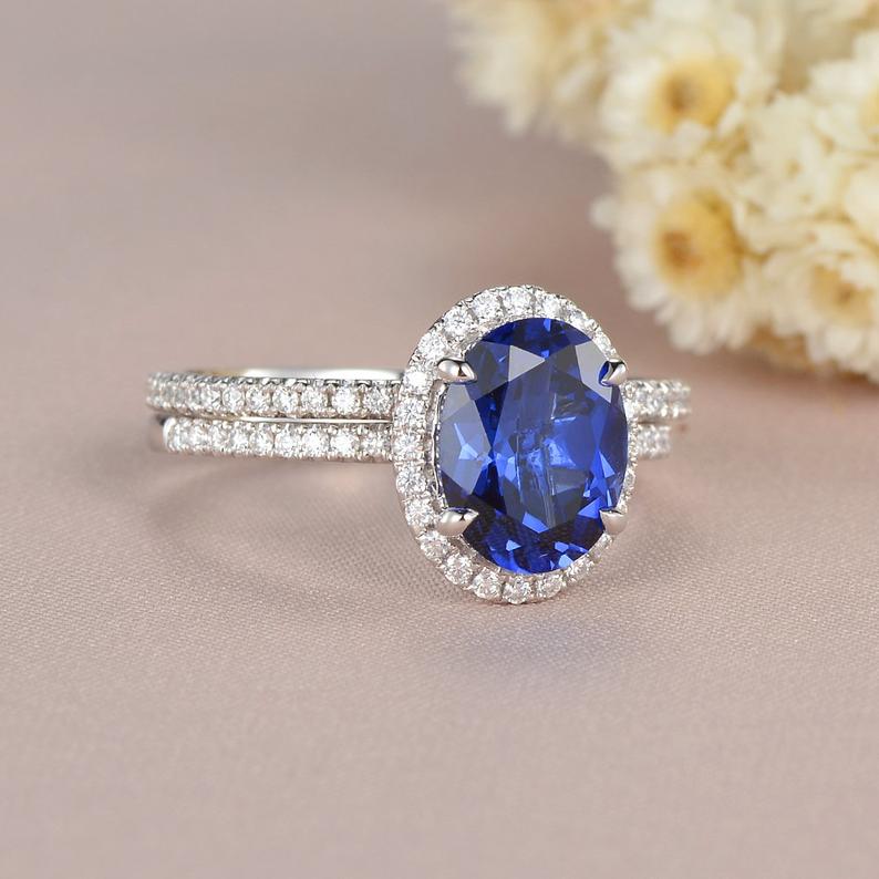 2 CT Oval Cut Blue Sapphire Diamond White Gold Over On 925 Sterling Silver Halo Wedding Bridal Ring Set