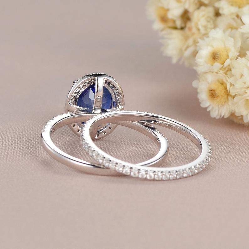 2 CT Oval Cut Blue Sapphire Diamond White Gold Over On 925 Sterling Silver Halo Wedding Bridal Ring Set