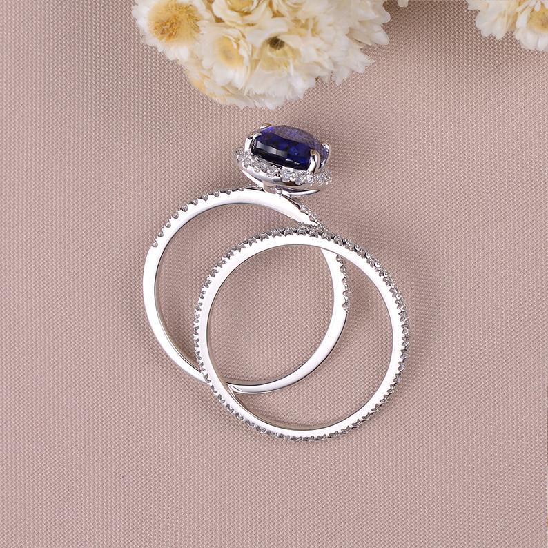 2 CT Oval Cut Blue Sapphire Diamond White Gold Over On 925 Sterling Silver Halo Wedding Bridal Ring Set