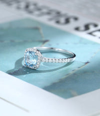 1 CT Cushion Cut Aquamarine Diamond White Gold Over On 925 Sterling Silver Halo Wedding Gift Ring For Women