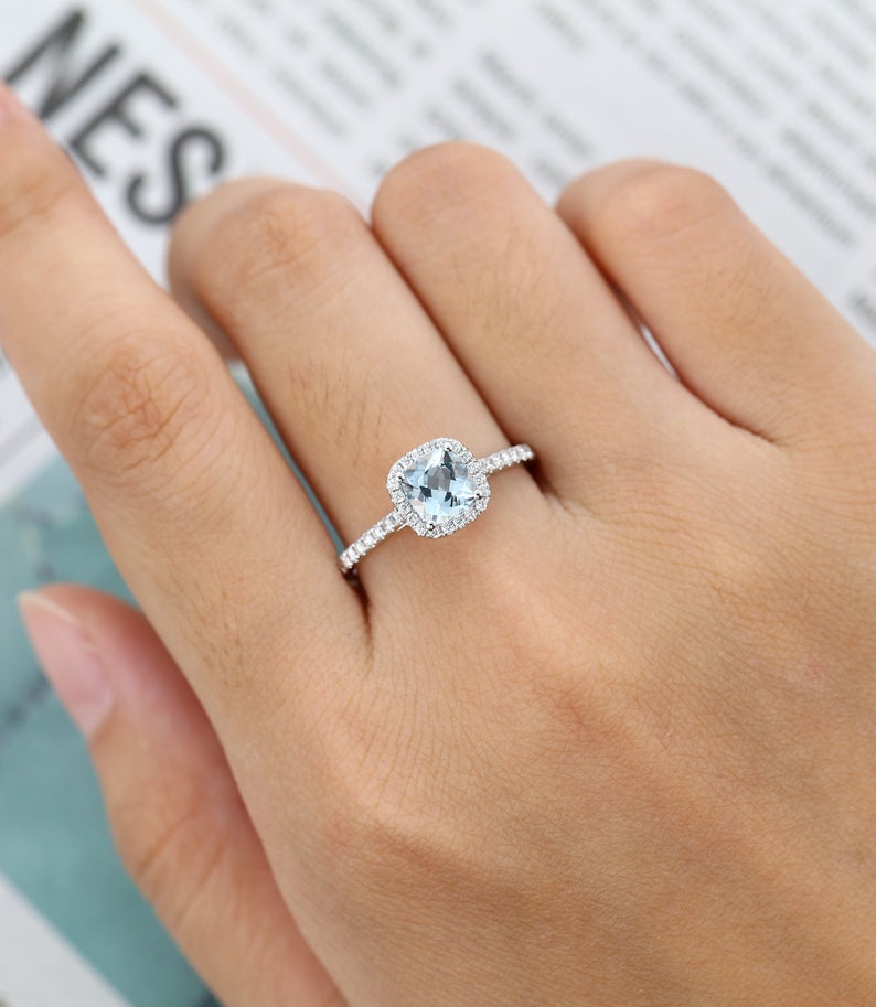 1 CT Cushion Cut Aquamarine Diamond White Gold Over On 925 Sterling Silver Halo Wedding Gift Ring For Women