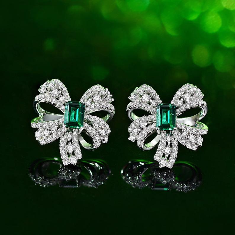 3.75 Ct Emerald Cut Green Emerald & Round CZ Party Wear Bow Earrings In 925 Sterling Silver