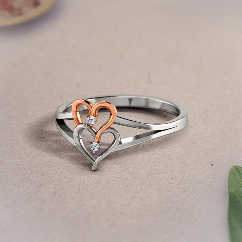0.20 Ct Round Cut Diamond Two-Tone Double Heart Proposal Ring In 925 Sterling Silver