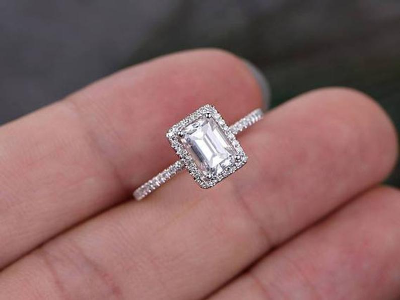 2.20 Ct Emerald Cut White Topaz White Gold Over On 925 Sterling Silver Halo Engagement Ring