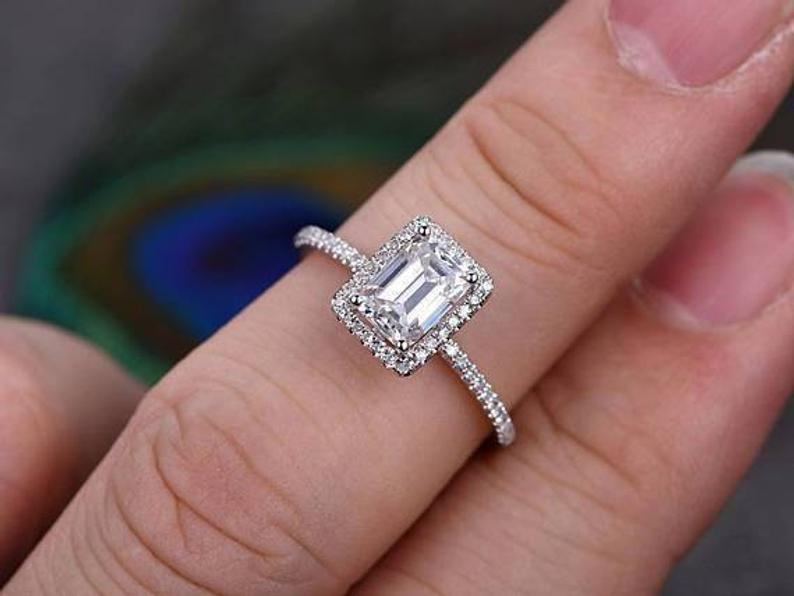 2.20 Ct Emerald Cut White Topaz White Gold Over On 925 Sterling Silver Halo Engagement Ring