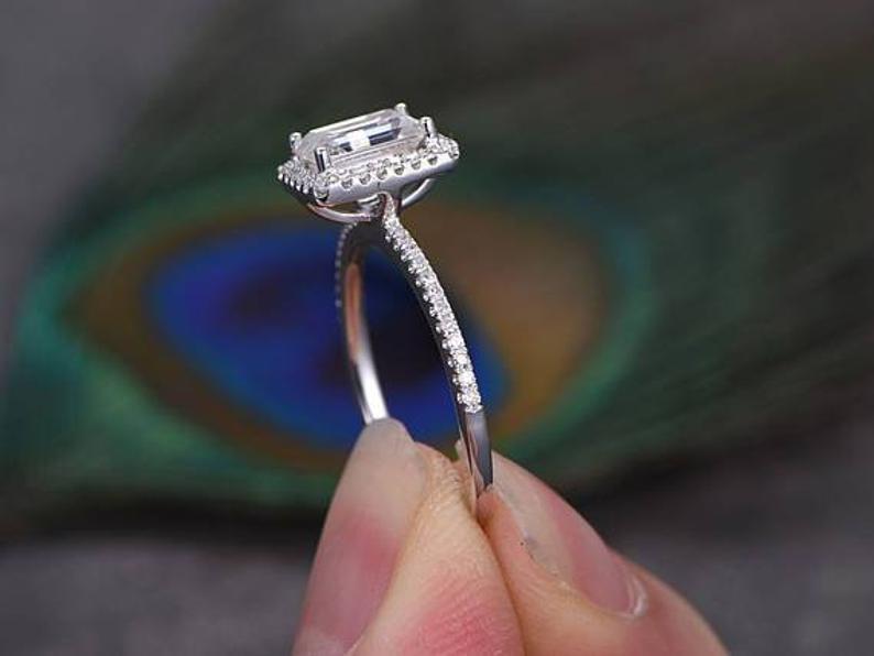 2.20 Ct Emerald Cut White Topaz White Gold Over On 925 Sterling Silver Halo Engagement Ring