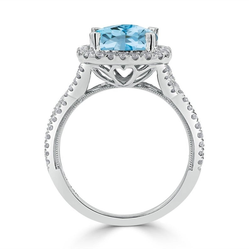 2 CT Cushion Cut Blue Topaz Diamond 925 Sterling Silver Halo Anniversary Gift Ring