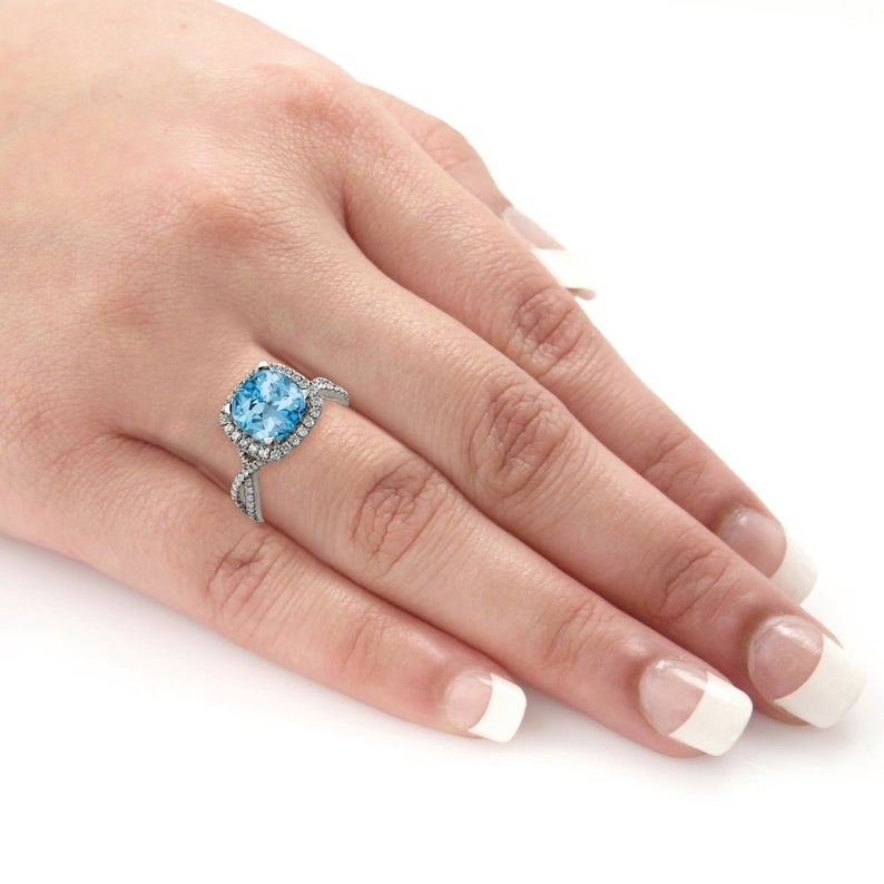 2 CT Cushion Cut Blue Topaz Diamond 925 Sterling Silver Halo Anniversary Gift Ring