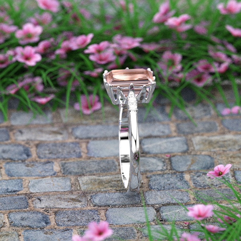 1.85 CT Emerald Cut Morganite Diamond Rose Gold Over On 925 Sterling Silver Solitaire With Accents Ring