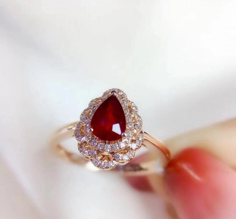 2.75 CT Pear Cut Red Ruby Rose Gold Over On 925 Sterling Silver Halo Engagement Ring