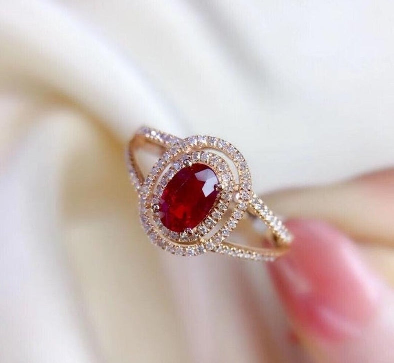 2.50 Ct Oval Cut Pink Ruby Yellow Gold Over On 925 Sterling Silver Double Halo Wedding Ring
