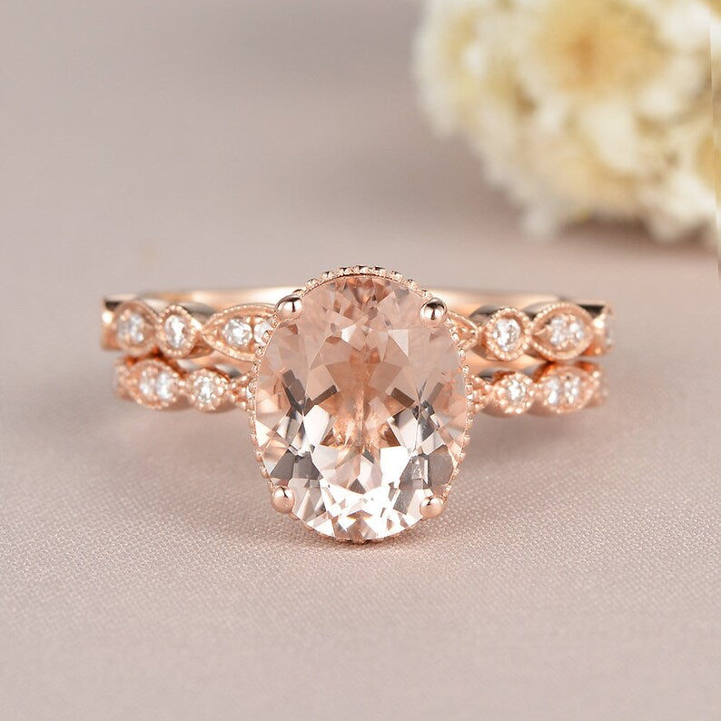 1 CT Oval Cut Morganite Rose Gold Over On 925 Sterling Silver Engagement Ring Set