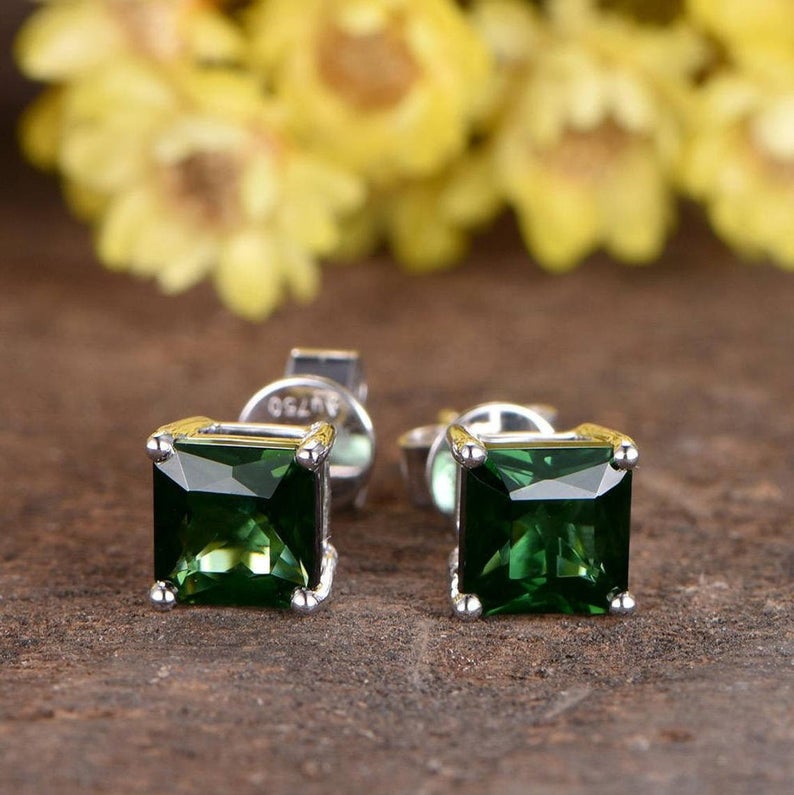 2.00 Ct Princess Cut Green Emerald Solitaire Push Back Stud Earrings In 925 Sterling Silver