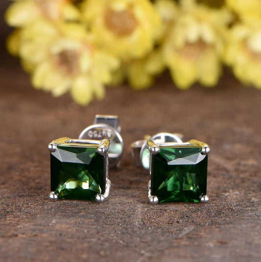 2.00 Ct Princess Cut Green Emerald Solitaire Push Back Stud Earrings In 925 Sterling Silver