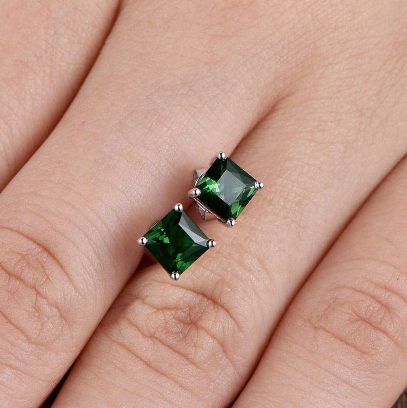 2.00 Ct Princess Cut Green Emerald Solitaire Push Back Stud Earrings In 925 Sterling Silver