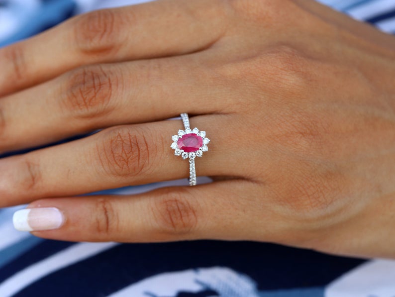 1 CT Oval Cut Pink Ruby Diamond White Gold Over On 925 Sterling Silver Halo Engagement Ring