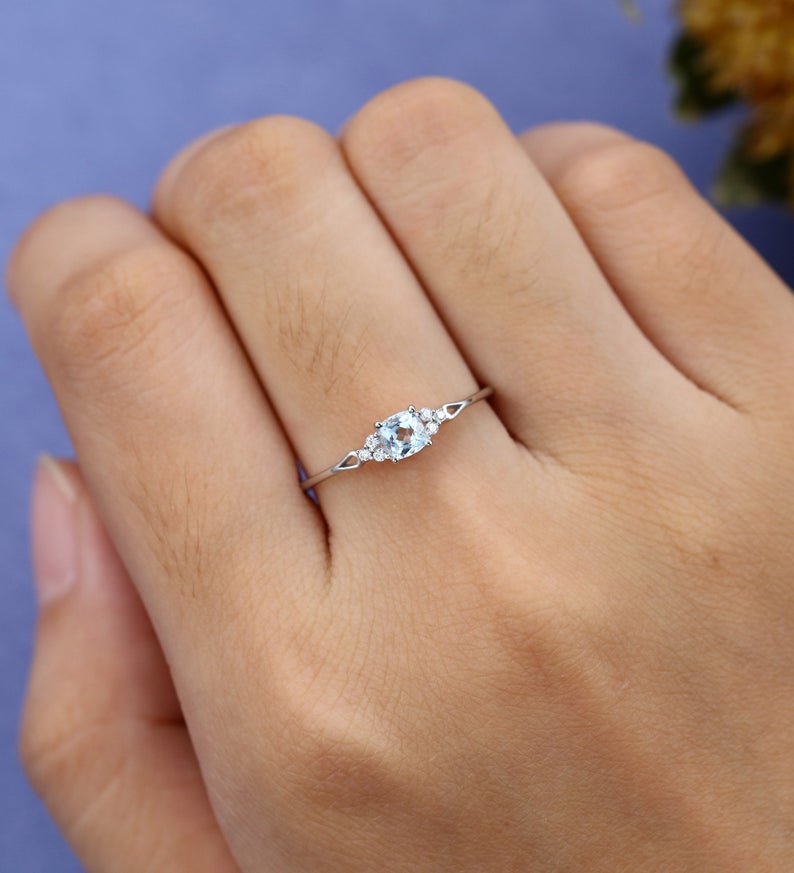 1.50 Ct Cushion Cut Aquamarine 925 Sterling Silver Solitaire W/Accents Anniversary Gift Ring