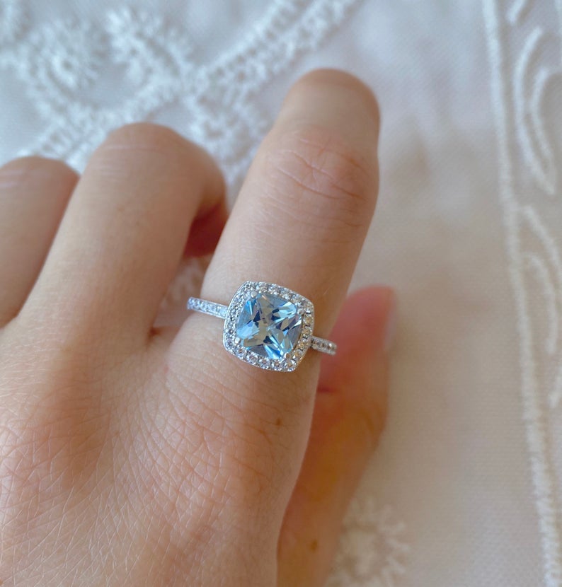 1 CT Cushion Cut Aquamarine Diamond 925 Sterling Silver Halo Wedding Ring