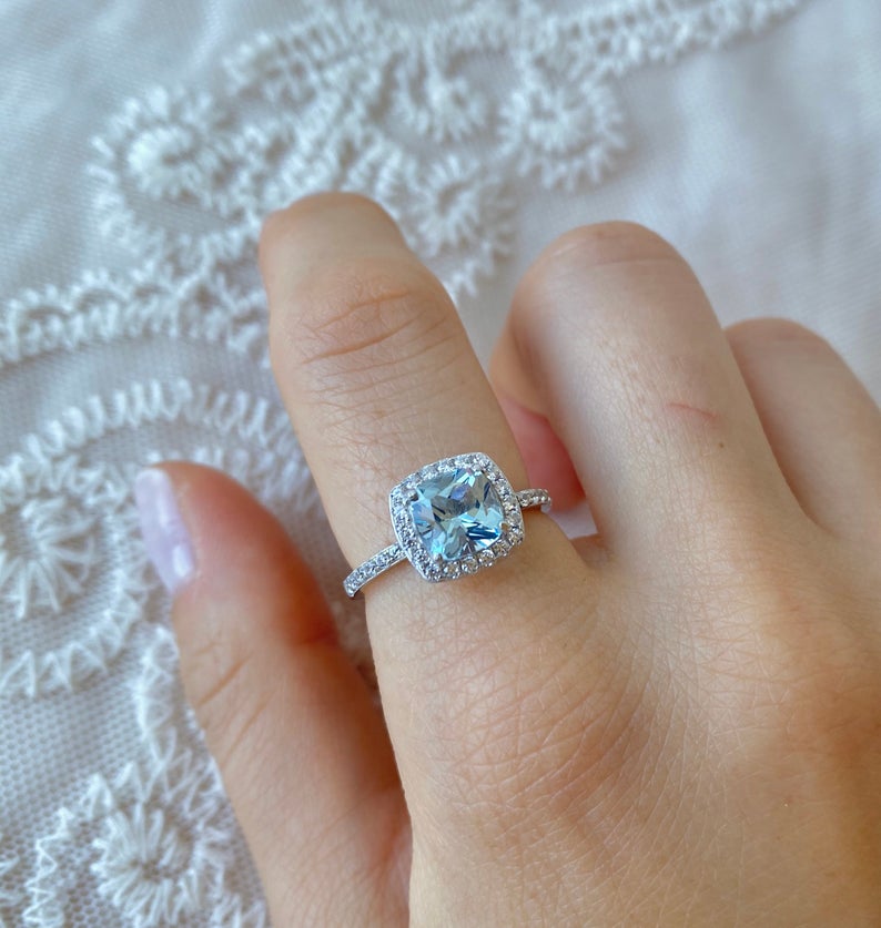 1 CT Cushion Cut Aquamarine Diamond 925 Sterling Silver Halo Wedding Ring