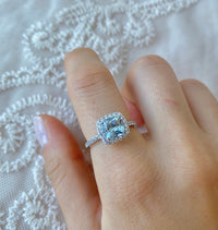 1 CT Cushion Cut Aquamarine Diamond 925 Sterling Silver Halo Wedding Ring