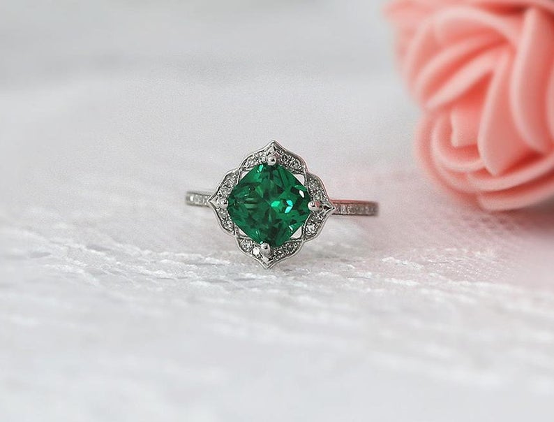 2 CT Cushion Cut Emerald Diamond 925 Sterling Silver Halo Women's Wedding Ring