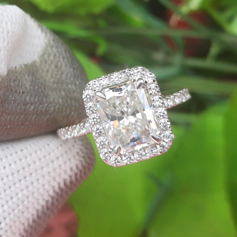 1.55 Carats Radiant Cut Micropaved Side Stones Hidden Halo Diamond Eng –  Benz & Co Diamonds