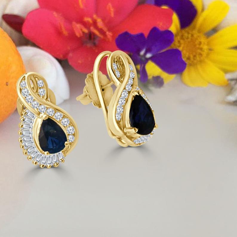 2.25 Ct Pear Cut Blue Sapphire Yellow Gold Over On 925 Sterling Silver Stud Earrings