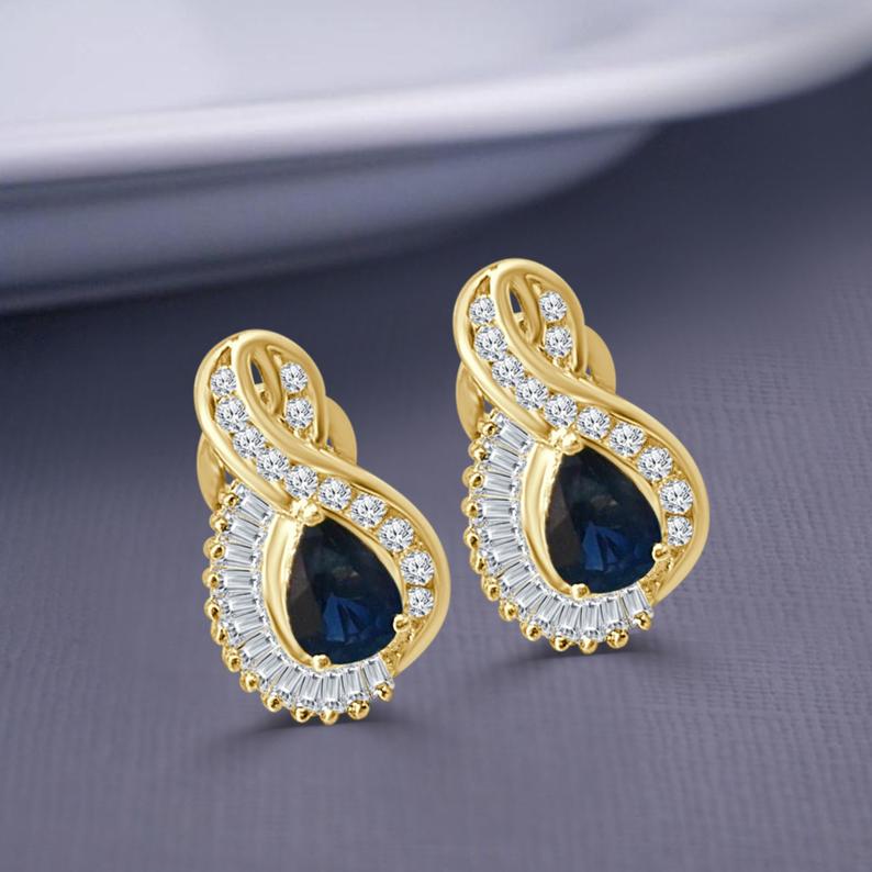 2.25 Ct Pear Cut Blue Sapphire Yellow Gold Over On 925 Sterling Silver Stud Earrings