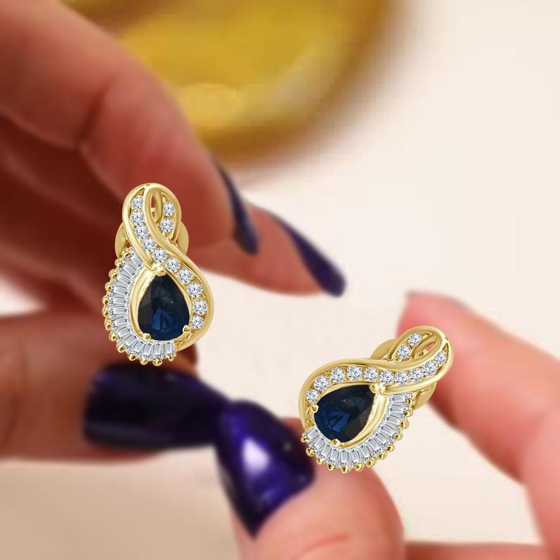 2.25 Ct Pear Cut Blue Sapphire Yellow Gold Over On 925 Sterling Silver Stud Earrings