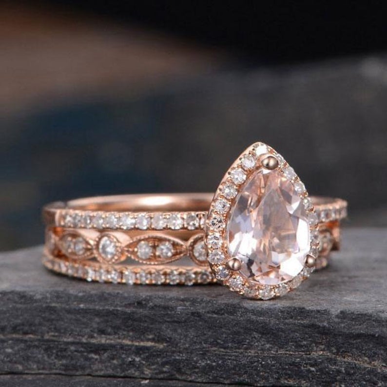2 CT Pear Cut Pink Morganite Diamond 925 Sterling Silver Trio Wedding Set