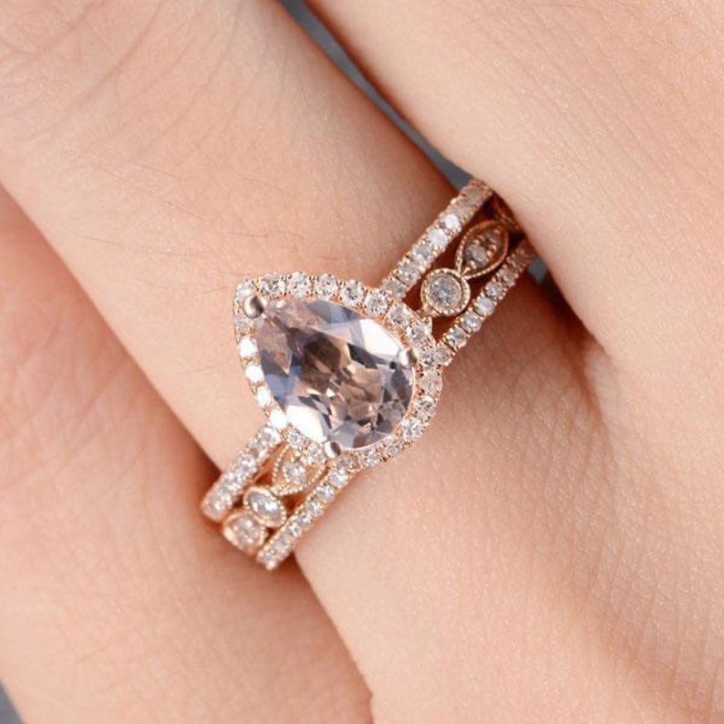 2 CT Pear Cut Pink Morganite Diamond 925 Sterling Silver Trio Wedding Set