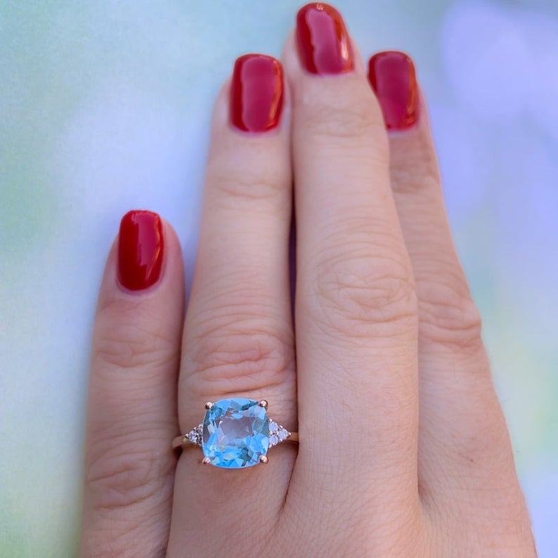 1 CT Cushion Cut Blue Topaz Diamond Rose Gold Over On 925 Sterling Silver Anniversary Ring