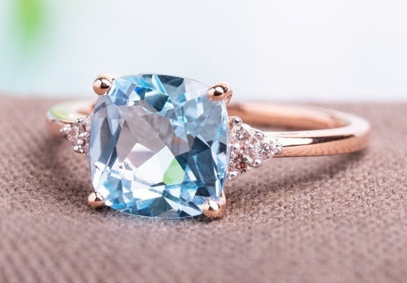 1 CT Cushion Cut Blue Topaz Diamond Rose Gold Over On 925 Sterling Silver Anniversary Ring