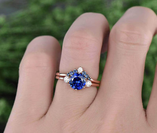 1 CT Round Cut Blue Sapphire Diamond 925 Sterling Silver Three stone wedding band bridal set