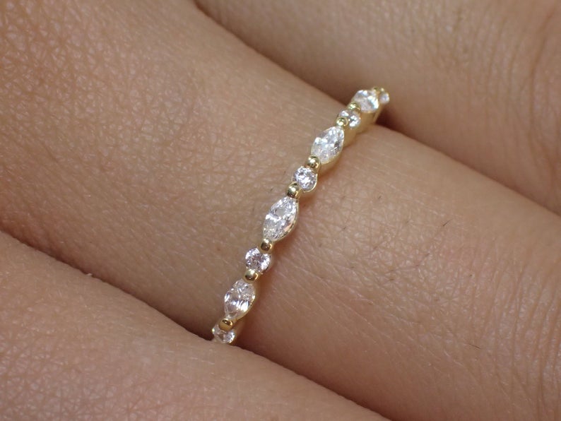 1 CT Round and Marquise Diamond 925 Sterling Silver Half Eternity Wedding Band Ring