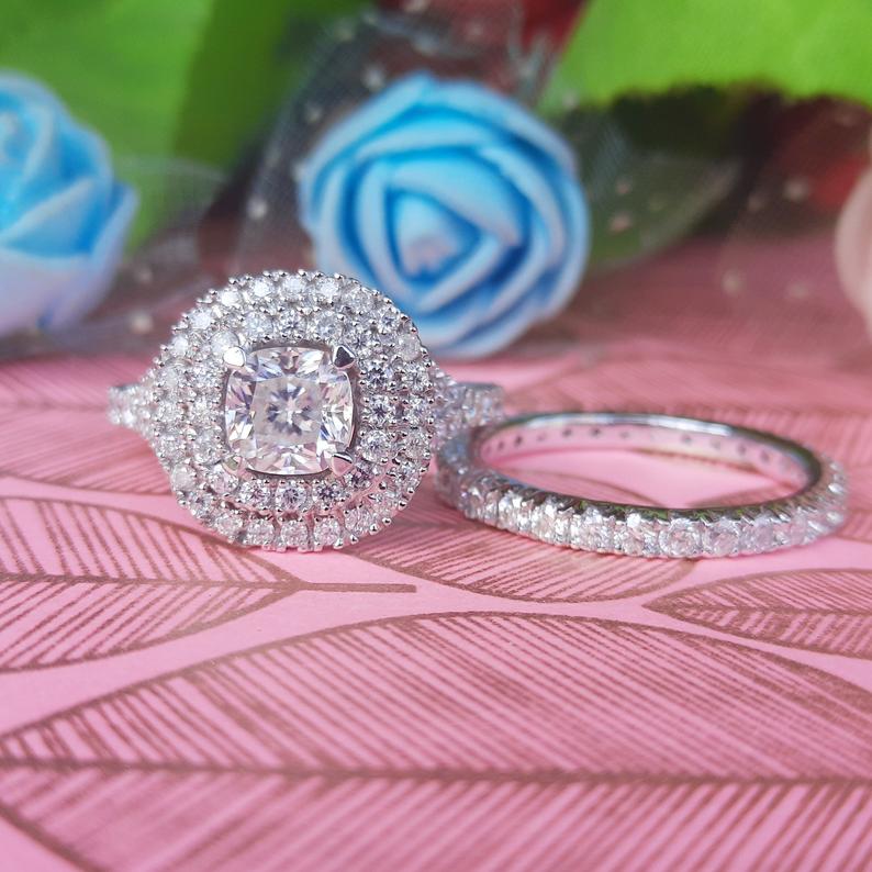 2 CT Cushion Cut Diamond White Gold Over On 925 Sterling Silver Double Halo Bridal Wedding Ring Set