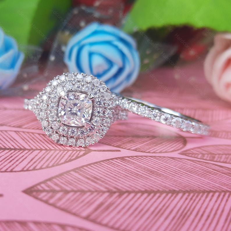 2 CT Cushion Cut Diamond White Gold Over On 925 Sterling Silver Double Halo Bridal Wedding Ring Set
