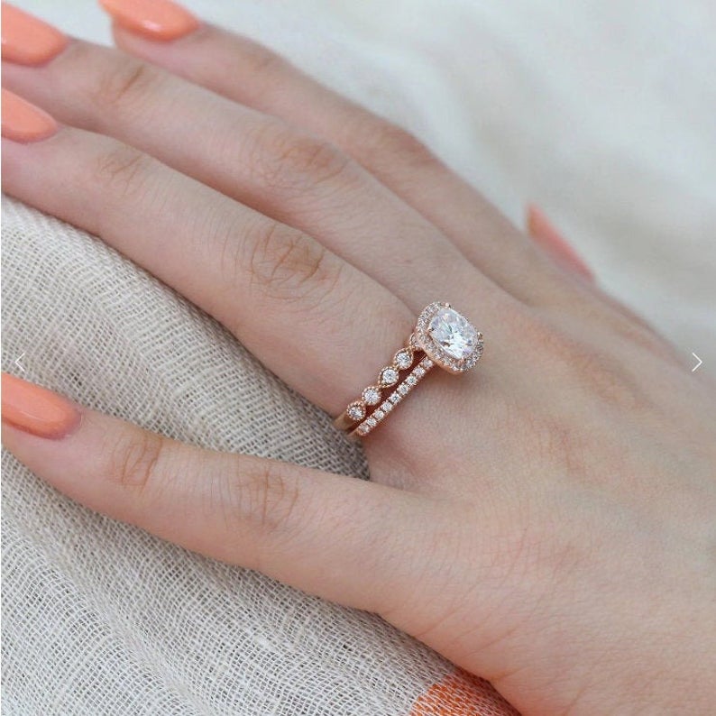 1 CT Cushion Cut White Diamond Rose Gold Over On 925 Sterling Silver Halo Bridal Ring Set