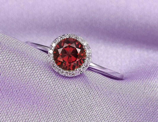 4 CT Round Cut Red Garnet Diamond 925 Sterling Silver Halo Women's Wedding Ring