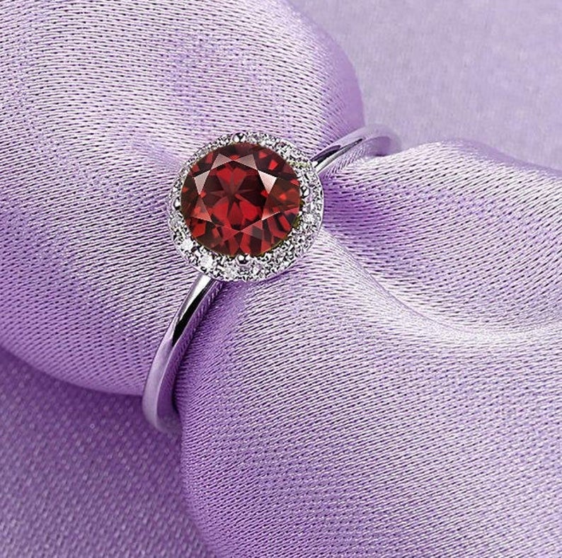 4 CT Round Cut Red Garnet Diamond 925 Sterling Silver Halo Women's Wedding Ring