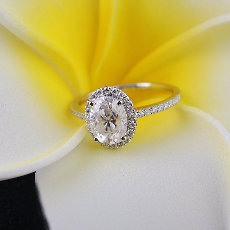 1.5 CT Oval Cut Diamond White Gold Over On 925 Sterling Silver Halo Engagement Ring