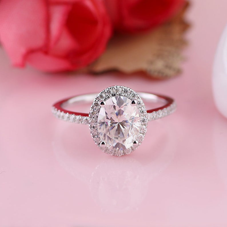 1.5 CT Oval Cut Diamond White Gold Over On 925 Sterling Silver Halo Engagement Ring