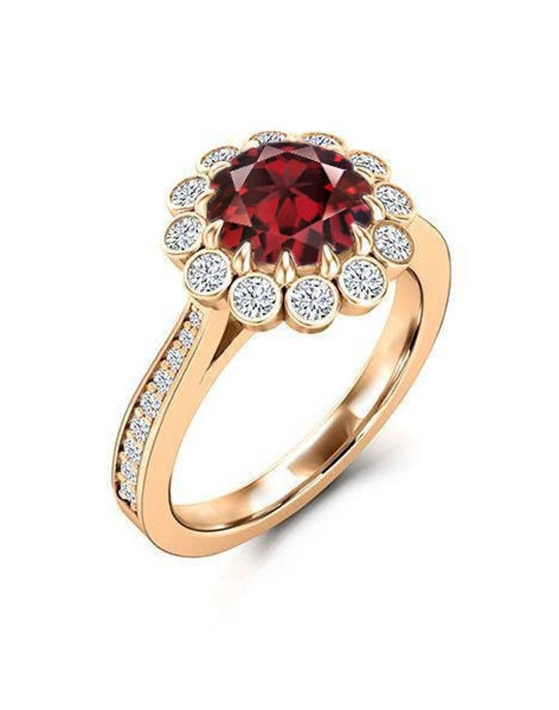 3 CT Round Cut Red Garnet Diamond 925 Sterling Silver Halo Wedding Ring