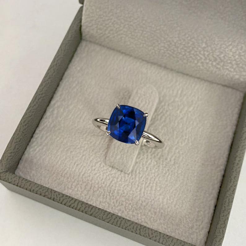3 CT Cushion Cut Blue Sapphire Diamond White Gold Over On 925 Sterling Silver Solitaire Engagement Ring