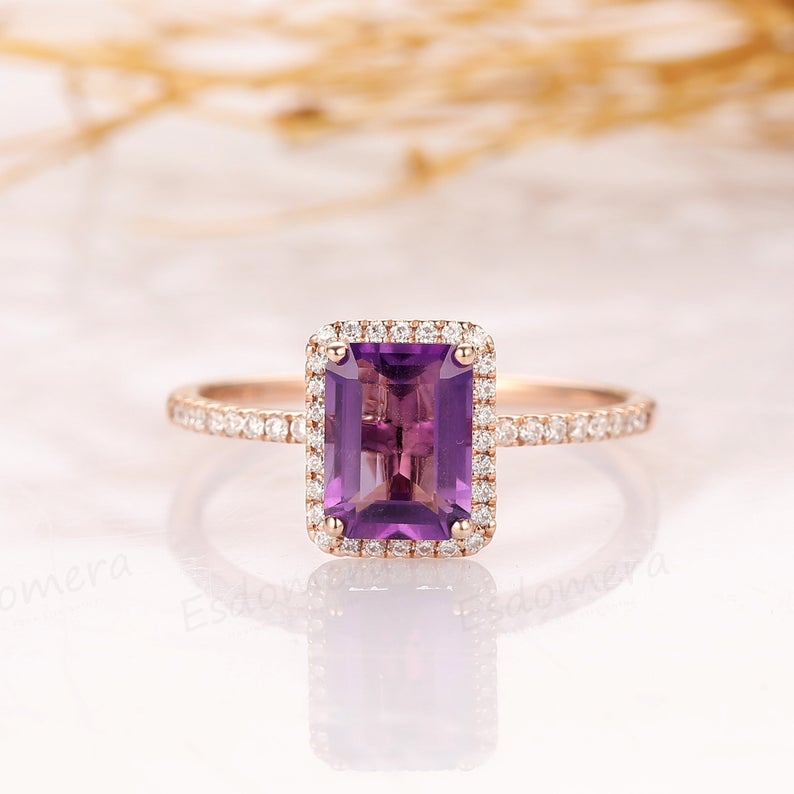 1 CT Emerald Cut Amethyst Diamond 925 Sterling Silver Halo Engagement Ring