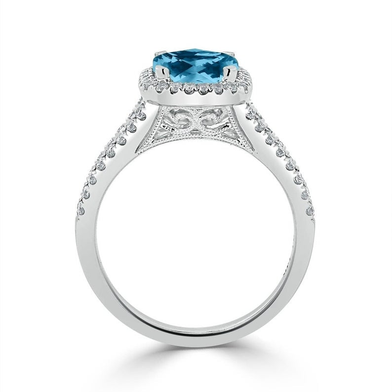 1 CT Cushion Cut Blue Topaz Diamond 925 Sterling Silver Halo Split Shank Promise Gift Ring