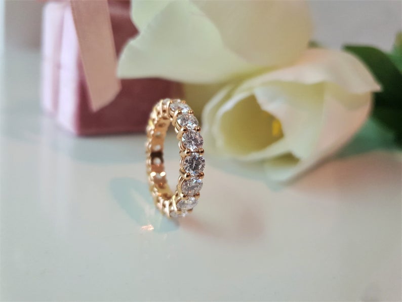 1 CT Round Cut Diamond Yellow Gold Over On 925 Sterling Silver Full Eternity Wedding Band Ring