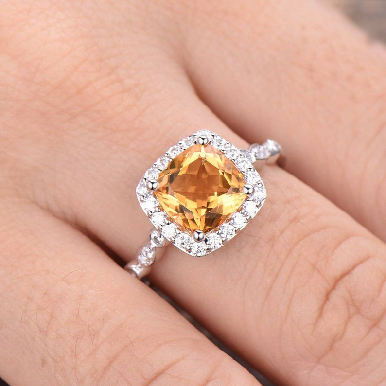 2.50 Ct Cushion Cut Yellow Citrine 925 Sterling Silver Halo Engagement Band Ring